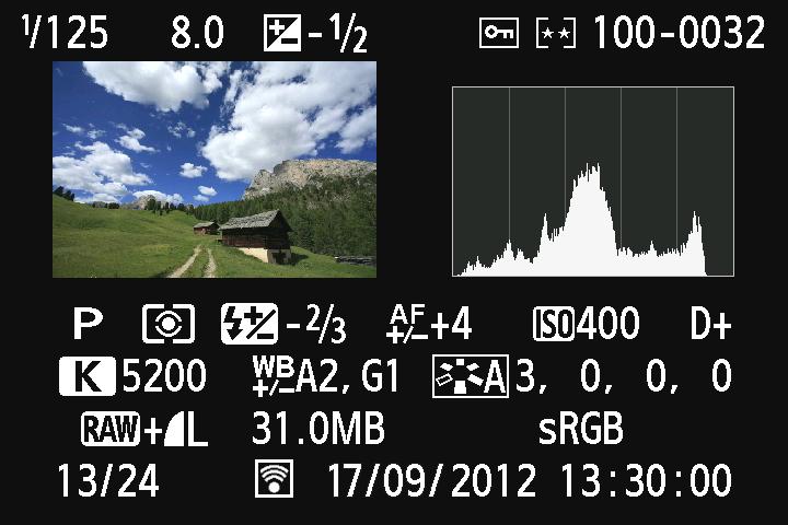 B: Visning av fotograferingsinformation Exempel på bild tagen med någon av den kreativa zonens metoder Slutartid Värde för blixtexponeringskompensation Bländarvärde Ljusmätmetod Fotograferingsmetod