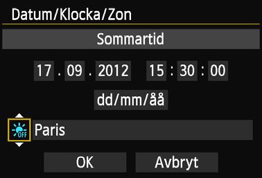 4 5 6 3 Ställa in datum, klockslag och zon Ställ in datum och klockslag. Tryck på knappen <U> för att ställa in talet. Tryck på <0> så att <r> visas.