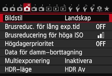 3 Menyhantering Göra menyinställningar 52 1 2 3 4 5 6 Visa menyskärmen. Tryck på knappen <M> så visas menyskärmen. Välj en flik. Välj en menyflik genom att trycka på <U>.