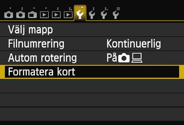 Innan du börjar 3 Formatera kortet Om kortet är nytt eller tidigare har formaterats med en annan kamera eller med en dator formaterar du kortet med kameran.