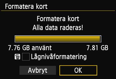 Vid behov överför du bilderna och data till exempel till en dator innan du formaterar kortet. 1 Välj [Formatera kort].