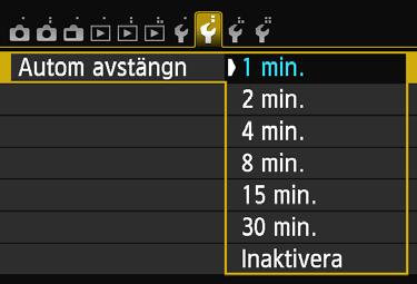 Innan du börjar 3 Ställa in avstängningstid/automatisk avstängning För att spara batterikapacitet stängs kameran av automatiskt efter att inställd tid för inaktivitet förflutit.