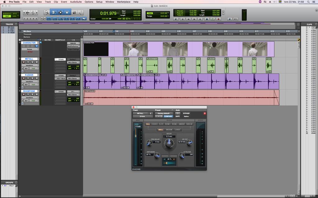 Bild 5. Skärmdump från Pro Tools-sessionen med ljudläggningen Arg/Hotfull. På bilden ser vi tre aktiva spår samt pluginen D-verb.