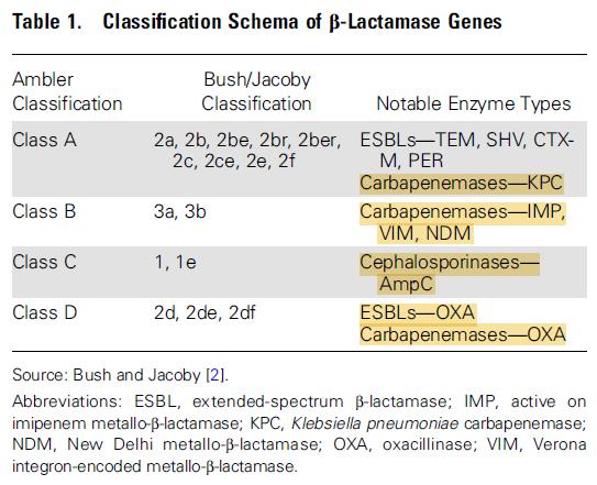 ESBL-klassifikation Ambler resp Bush-Jacoby Ref: Lukac PJ, Bonomo RA, Logan LK.