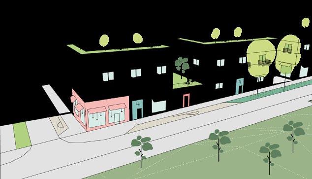 Lokalgatan vid Naturparken 3-5 våningar Varierande skala Friare bebyggelsestruktur Varierat uttryck med varierad volymetri Möjliga öppningar mellan gård och park Balkonger eller grunda balkonger över