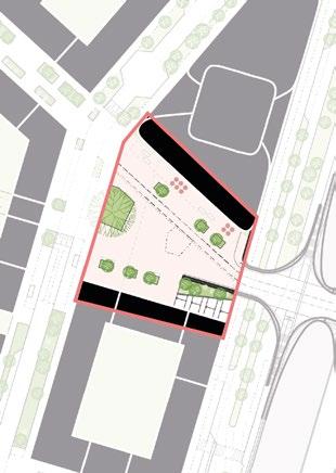 Västra stationstorget Torgytan blir en tydlig mötesplats på spårets västra sida och en länk för fotgängare och cyklister, utan genomgående biltrafik.