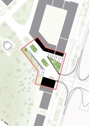 Platsen vid södra brons västra sida Där södra bron möter sidan väster om spårområdet öppnas ett stråk upp som orienterar cyklister och fotgängare upp mot stadsgatan och stjärnhusen.