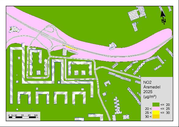 Av Figur 3 framgår att MKN för årsmedelvärdet av NO₂ ej beräknas överskridas någonstans i området varken 2020 eller 2025.