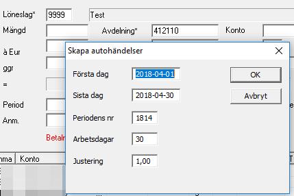 Automatlöner för korta inhopp och korrigeringar Ett löneslag med faktor 2 vid namn AUTO kommer att kalla fram en funktion där du kan köra den anställdes automatlöner inifrån manuell löneregistrering.