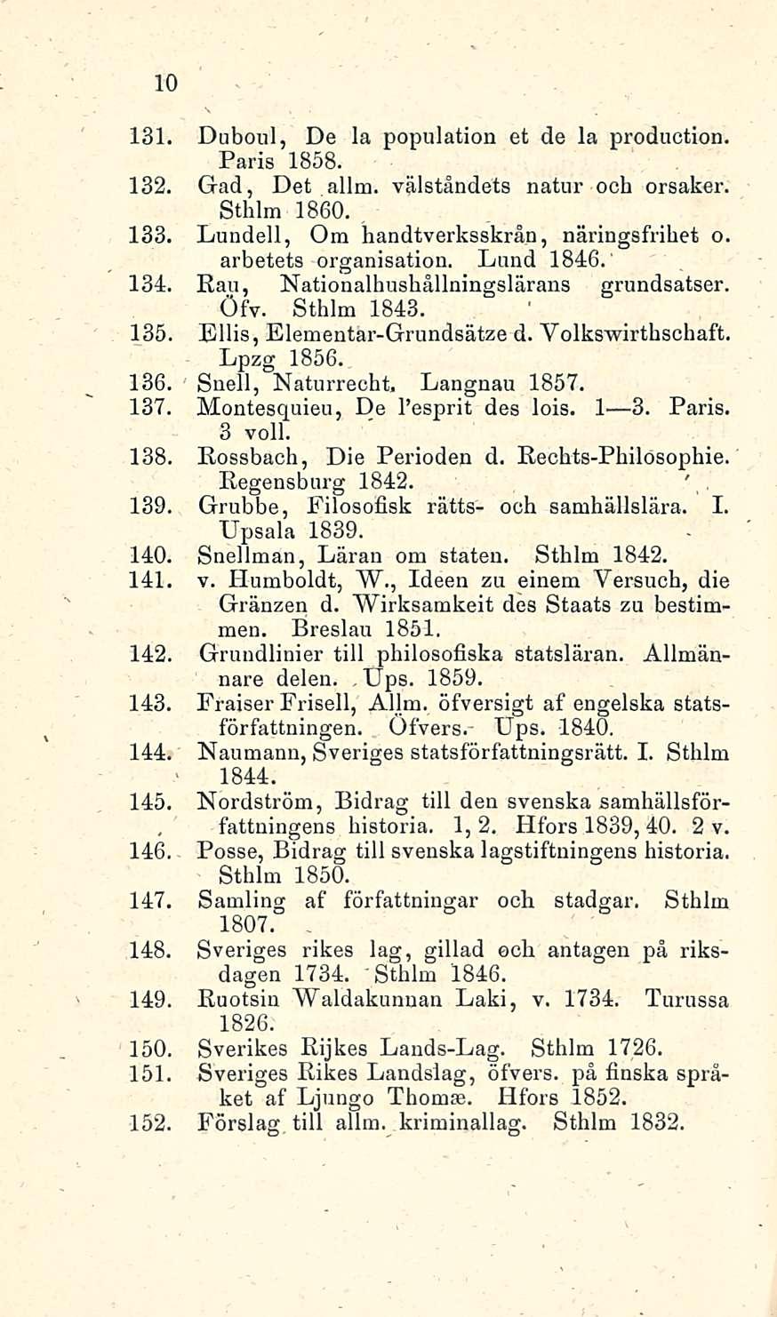 10 131. Duboul, De la population et de la produotion. Paris 1858. 132. Gad, Det allm. välståndets natur ooh orsaker. Sthlm 1860. 133. Lundell, Om handtverksskrän, näringsfrihet o.