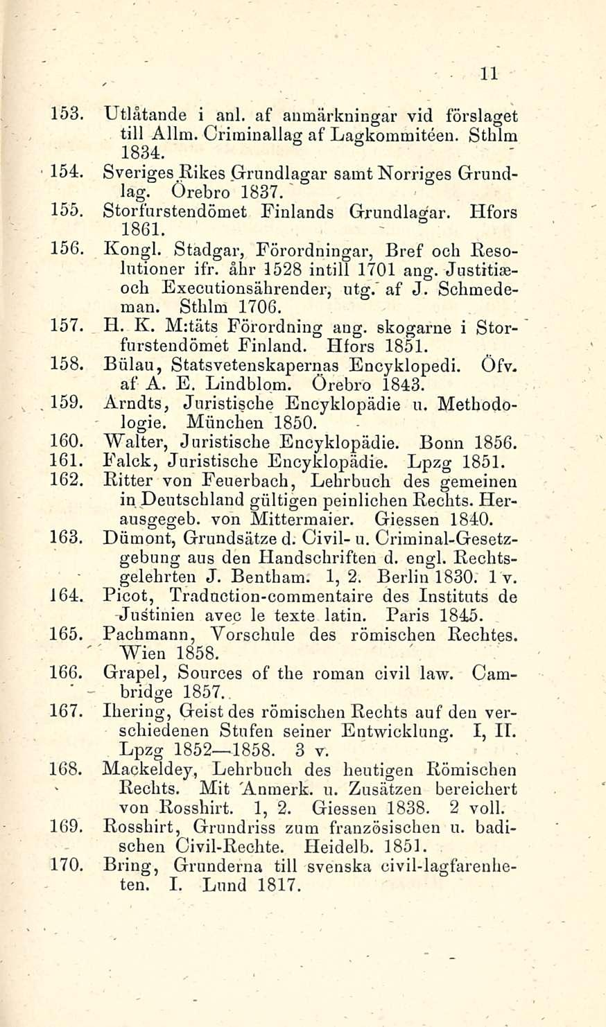 153. Utlåtande i ani. af anmärkningar vid förslaget tili Allm. Crirainallag af Lagkommiteen. Sthlm 1834. 154. Sveriges Rikes Grundlagar samt Norriges Grundlag. Örebro 1837." 155.