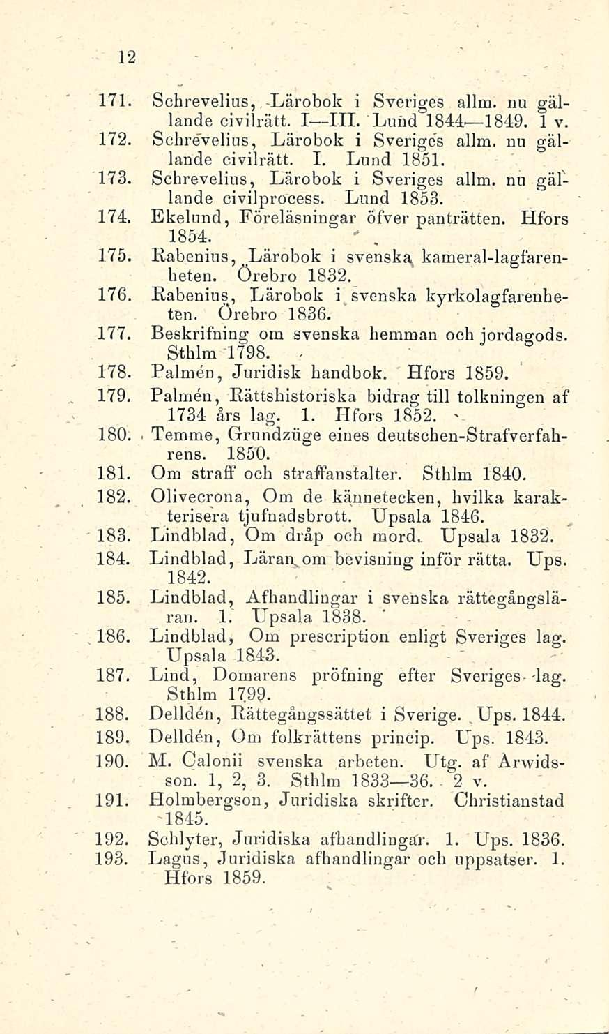 . 12 171. Schrevelius, -Lärobok i Sveriges allm. nu gällande civilrätt. I III. Lund 1844 1849. 1 v. 172. Schrevelius, Lärobok i Sveriges allm. nu gällande civilrätt. I. Lund 1851. 173.