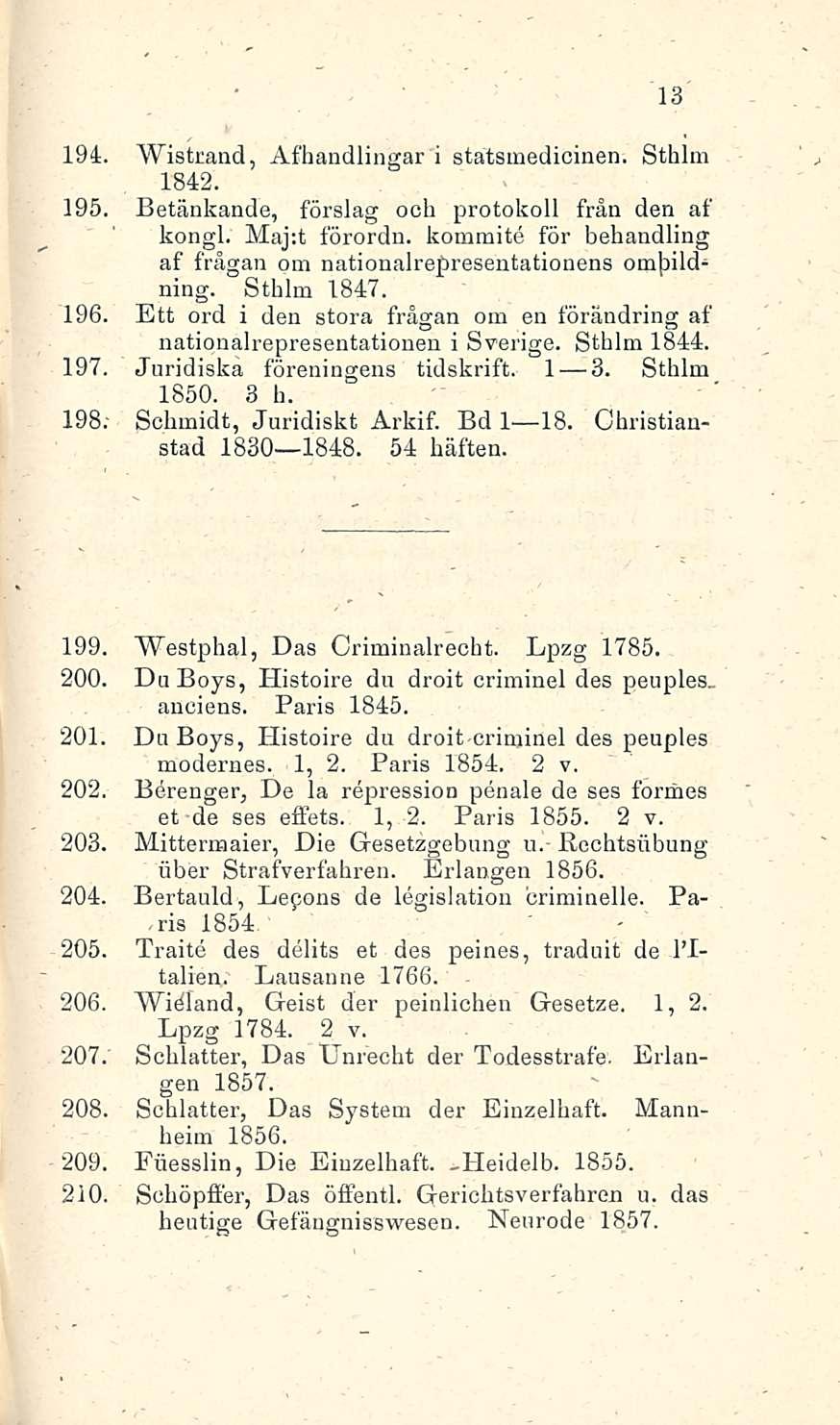 ' 13 194. Wistrand, Afhandlingar i statsmedicinen. Sthlm 1842. 195. Betänkande, förslag ooh protokoll från den af kongi. Maj:t förordn.