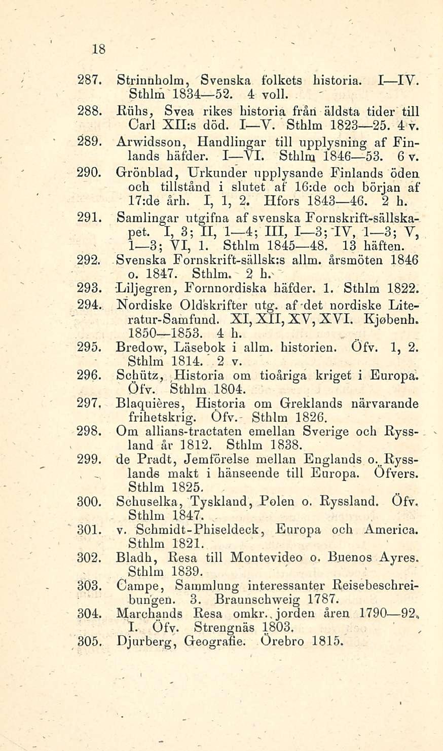 lands 18 287. Strinnholm, Svenska folkets historia. I IV. Sthlm 1834 52. 4 voll. 288. Riihs, Svea rikes historia fråri äldsta tider tili Carl XILs död. I V. Sthlm 1823 25. 4v. 289.