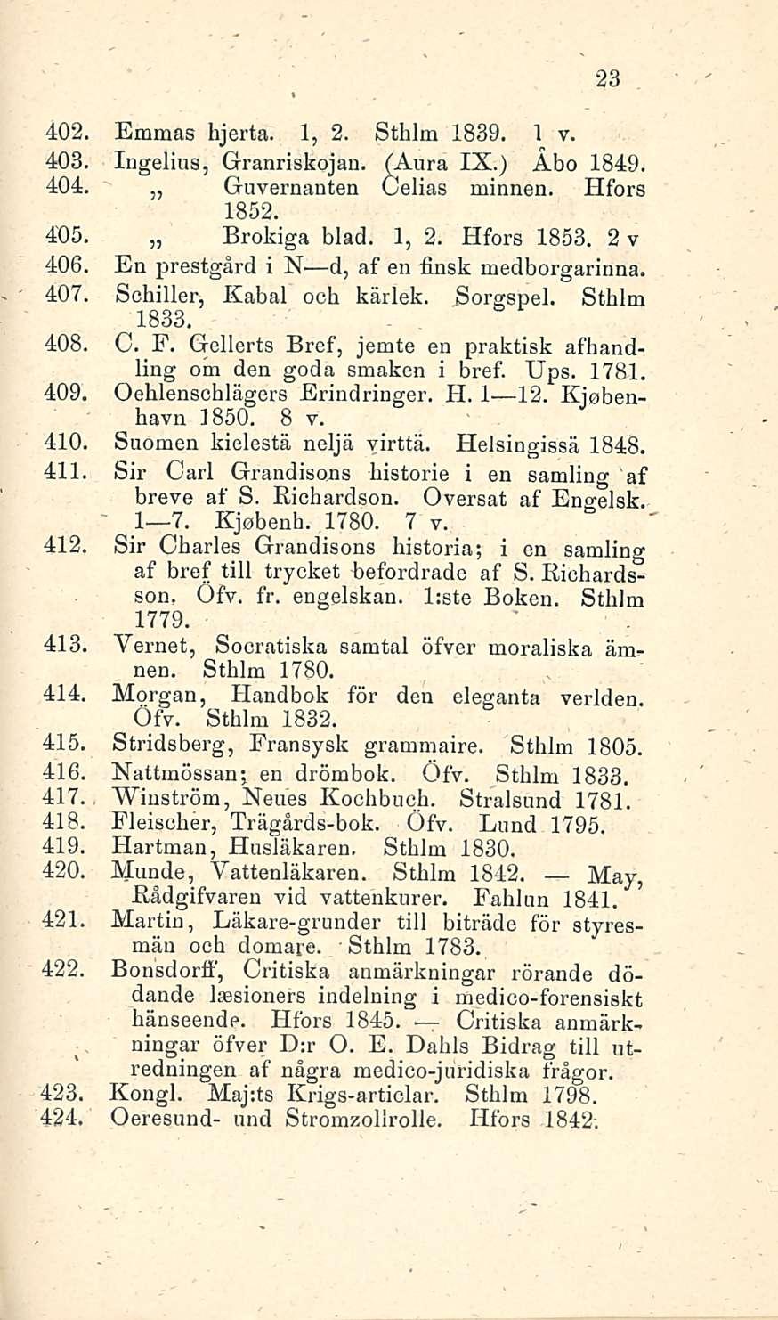 23 402. Emmas hjerta. 1, 2. Sthlm 1839. 1 v. 403. Ingelius, Granriskojan. (Aura IX.) Abo 1849. 404. Guvernanten Celias minnen. Hfors 1852. 405. Brokiga blad. 1, 2. Hfors 1853. 2 v 406.