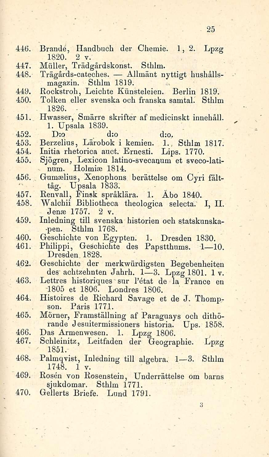. 1826. 446. Brande, liandbuch der Chemie. 1, 2. Lpzg 1820. 2 v. 447. Möller, Trädgårdskonst. Sthlm. 448. Trägårds-cateches. Allmänt nyttigt hushållsmagazin. Sthlm 1819. 449.