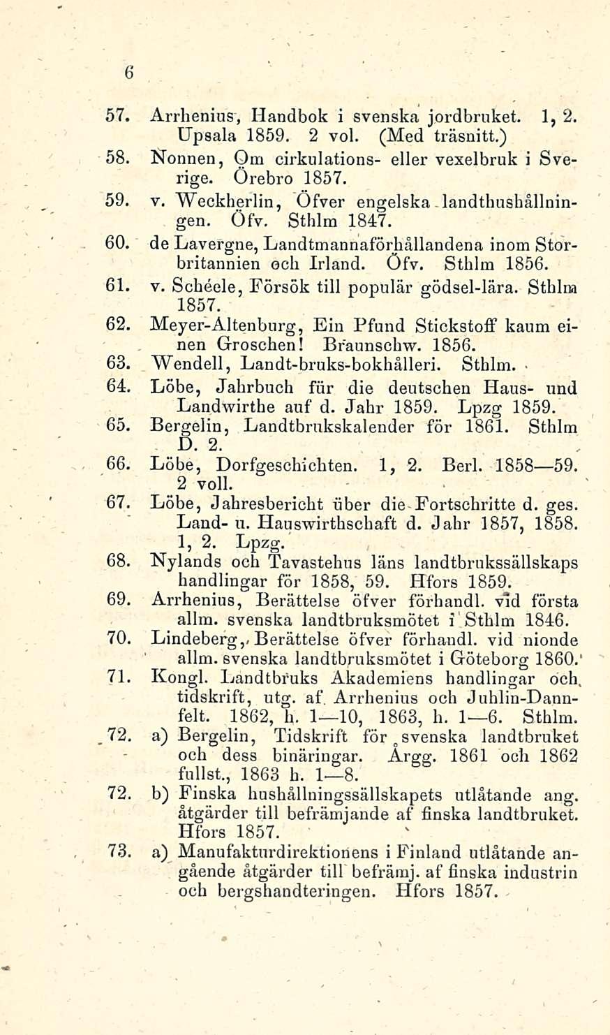 6 57. Arrhenius, Handbok i svenska jordbruket. 1, 2. Upsala 1859. 2 voi. (Med träsnitt.) 58. Nonnen, Om cirkulations- eller vexelbruk i Sverige. Örebro 1857. 59. v. Weckherlin, Öfver engelska landthushållningen.