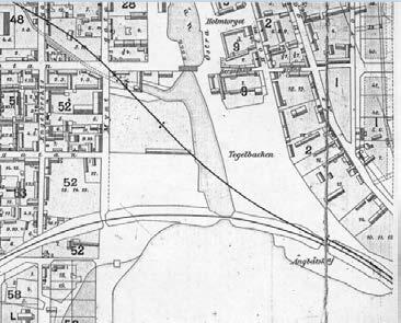 affärshusen i kvarteren Gamla Bergsskolan, Holmen och Yttre Åsen. Området rund kv Rödbro idag och 1886 (Skarins karta).