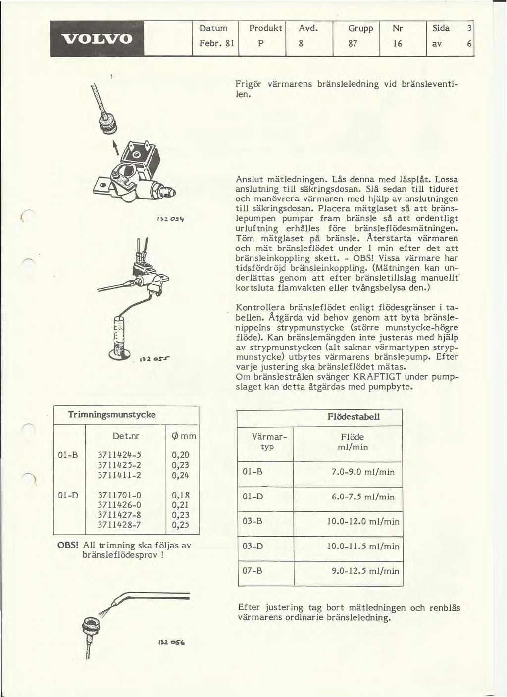 VOLVO Datum Febr. 81 Produkt Avd. Grupp Nr Sida P 8 87 16 av 3 6 Frigör värmarens bränsleledning vid bränsleventilen. Anslut mätledningen. Lås denna med låsplåt. Lossa anslutning till säkringsdosan.