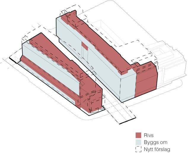 Sida 19 (47) Byggnadsdelar som rivs är markerade i rött, dessa är genomgående i dåligt tekniskt skick.