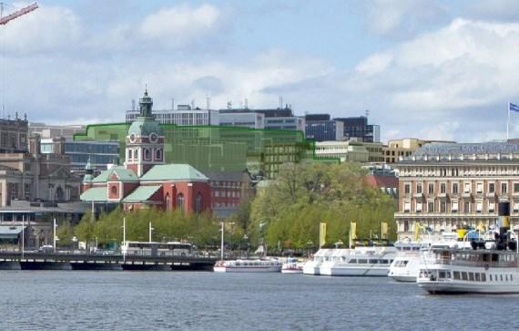 Föreslagen nybyggnad på Trollhättan 30 (granskningsförslag) är transparent grön och täcker