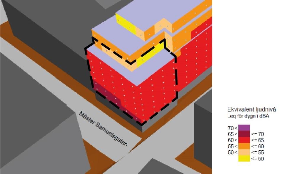 Sida 40 (47) Karta ur Akustikutredning (ÅF, 2015) som visar bullernivåer på fasad som innehåller bostäder (ungefärligen avgränsad med svart streckad linje).