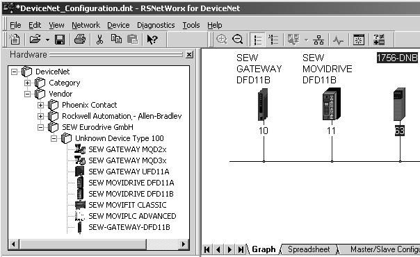 DeviceNet-konfigurationsprogrammet RSNetWorx för DeviceNet. När DeviceNet-scannern har lagst till i /O-konfigurationen väljs filen *.dnt som innehåller DeviceNet-konfigurationen.
