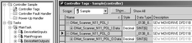 Projektering och idrifttagning Projektering av PLC och master (DeviceNet-scanner) 5 När MOVDRVE B med tillvalet DFD11B lagts in i "scanlistan" måste antalet polled /O byte ställas in på 2 antalet PD