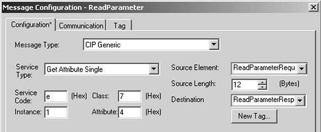 Projektering och idrifttagning Projekteringsexempel i RSLogix 5 5 4. När du klickar på i MSG-kommandot öppnas fönstret "Message Configuration" (Æ följande bild).