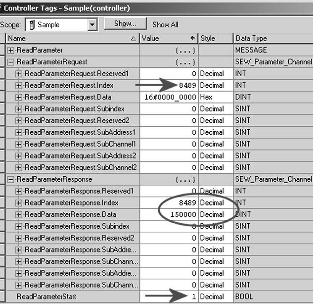 5 Projektering och idrifttagning Projekteringsexempel i RSLogix 5 6. När ändringarna har laddats ner till PLC kan indexet för parametern som ska läsas matas in i ReadParameterRequest.