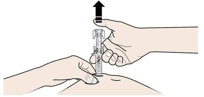 När du har släppt kolven kommer nålskyddet att täcka nålen. Sätt inte sprutan.