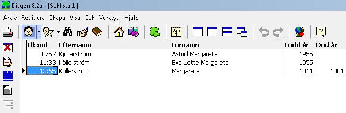 Sökning ger en söklistan Ta fram Ändra personuppgifter eller Familjebild genom att markera en person och klicka på resp ikon i