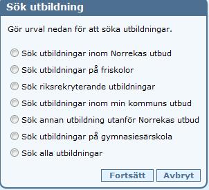 Val inom antagningskansliets utbud När Sök utbildningar inom Norrekas utbud är markerad och