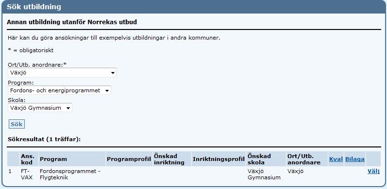 Om studieväg i annan kommun inte registrerats av antagningskansliet, kan man ändå fylla i uppgifter i textfält.