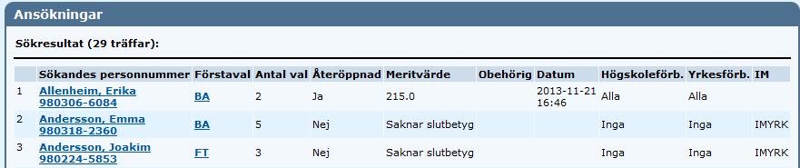 Under fältet Obehörig kan Syv få Information om sökande är obehörig och i vilka ämnen (En, Ma eller Sv/Sva) Rapport som listar sökande och deras val Nu kan Syv