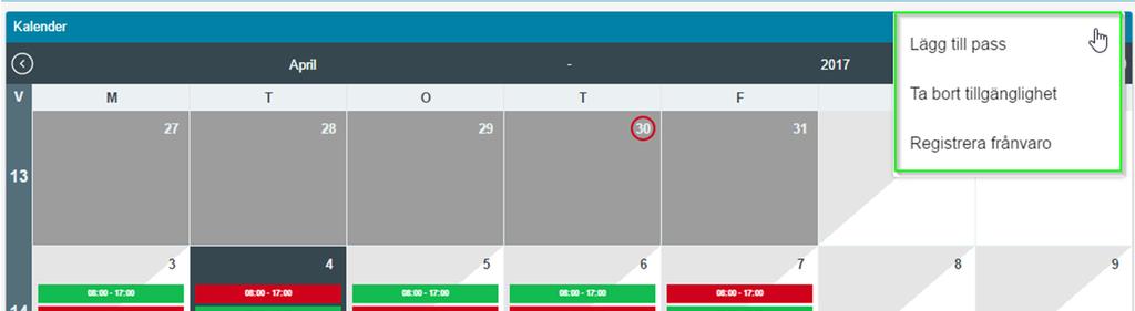 4. På sidan Schema ser du i en kalender vy med bland annat dina inbokade arbetspass dag för dag och här kan du även ändra din tillgänglighet, lägga till nya arbetspass samt rapportera frånvaro. 5.