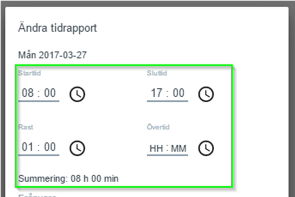 För att ange frånvaro eller rapportera in utlägg eller ersättningar klickar du på symbolen i form av ett grönt plus.