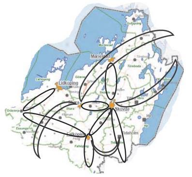 8 2. Demografi och geografi - En åldrande befolkning Skaraborg är den delregion i Västra Götaland som har bäst förutsättningar för en struktur med flera centra (så kallad polycentrism).