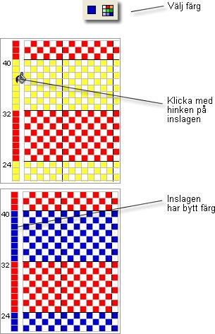 Gör så här för att byta alla inslag i en viss färg till en ny färg Välj en ny färg från färgpaletten (alternativt plocka en färg med pipetten) Välj hinken från verktygslisten Klicka på ett inslag som