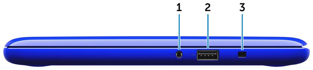 Vyer Vänster 1 Nätadapterport Anslut en nätadapter för att förse datorn med ström och ladda batteriet. 2 HDMI-port Anslut en TV eller en annan HDMI-in aktiverad enhet. Ger bild- och ljudutgång.