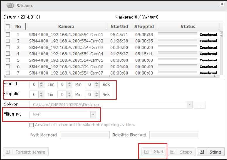 Välj de kameror du vill exportera, flera kameror kan väljas i samma export. Ange en start och stopptid, en sökväg dit du vill spara.