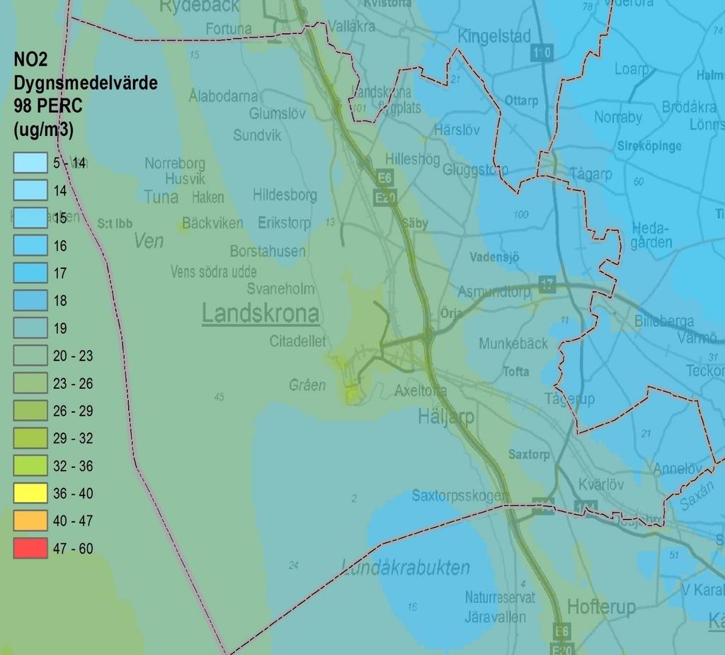 Dygnsmedelvärde Beräknade dygnsmedelvärdet för kvävedioxid ligger kring 18 19 µg/m 3 på landsbygden inom Landskrona kommun och 29 34 µg/m 3 i tätorten Landskrona samt kring motorvägen E20/E6.