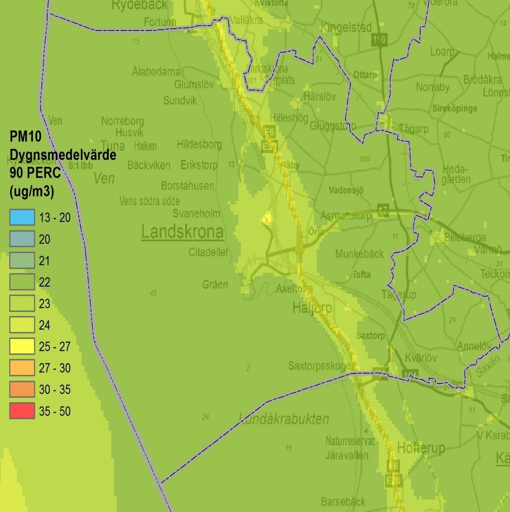 Dygnsmedelvärde Beräknade dygnsmedelvärdet för partiklar (PM 10) ligger på 22 23 µg/m 3 på landsbygden inom Landskrona kommun och 25 27 µg/m 3 i tätorten Landskrona samt kring motorvägen E20/E6.