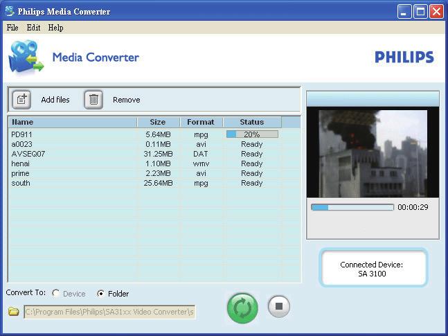 Med programvaran för videokonvertering kan du konvertera videor till den filtyp som kan hanteras av spelaren och överföra de konverterade filerna till spelaren. Dra och släpp videofiler (.