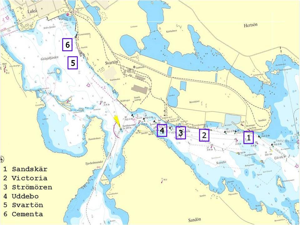 4.1 Hamndelar Nedan följer en sammanfattande beskrivning av verksamheten vid Luleå Hamns nuvarande sex olika hamndelar med tillhörande lastnings- och lossningskajer, se figur 4.1.1. Figur 4.1.1 Översikt av Luleå Hamns nuvarande hamndelar.