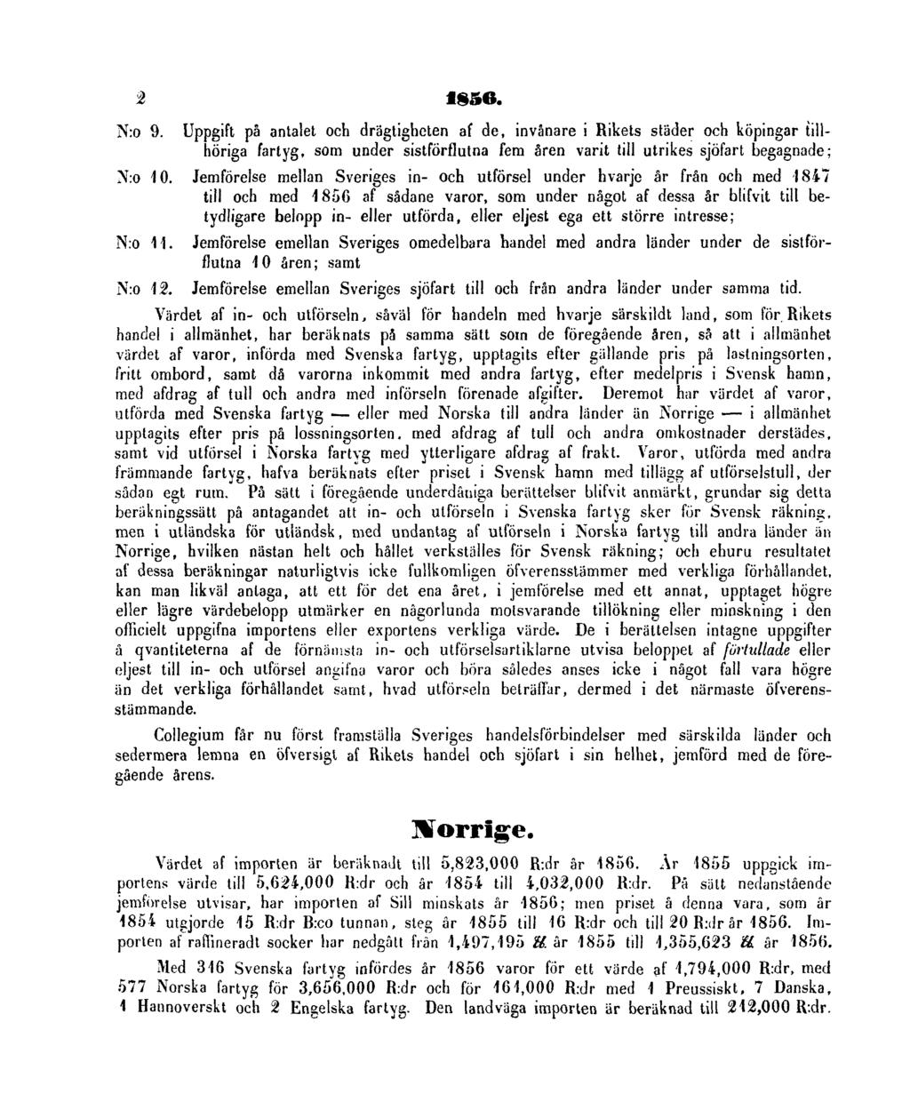 2 1856. N:o 9. Uppgift på antalet och drägtigheten af de, invånare i Rikets städer och köpingar tillhöriga fartyg, som under sistförflutna fem åren varit till utrikes sjöfart begagnade; N:o 10.