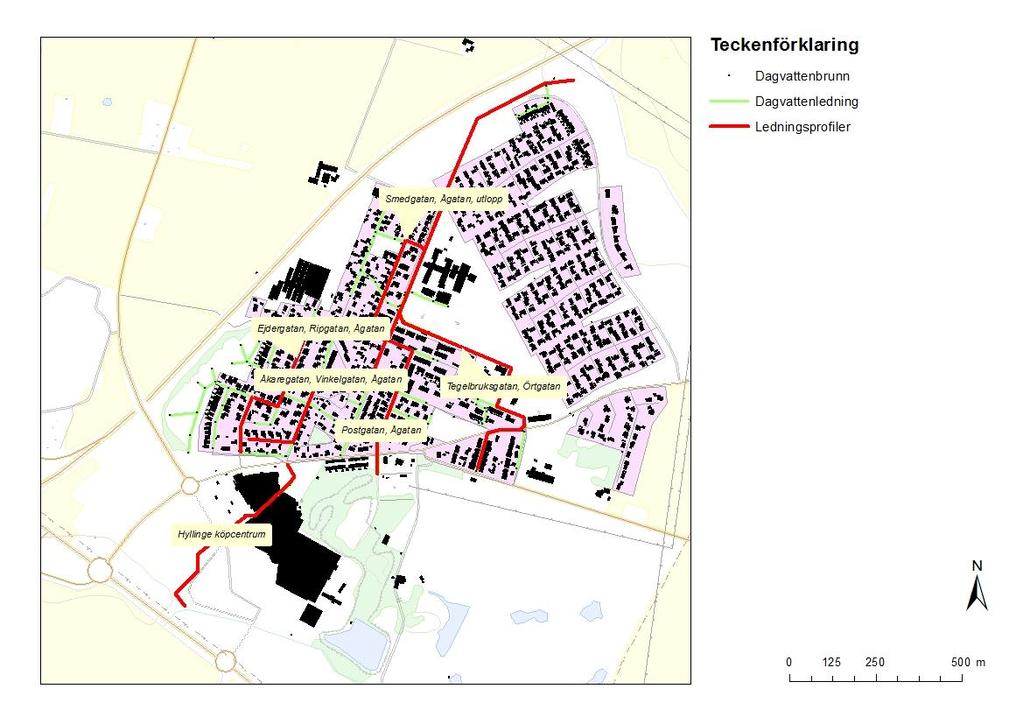 Figur 7. Ledningssträckor i Hyllinge som valts ut för redovisning av ledningsprofiler som visar trycknivåer.