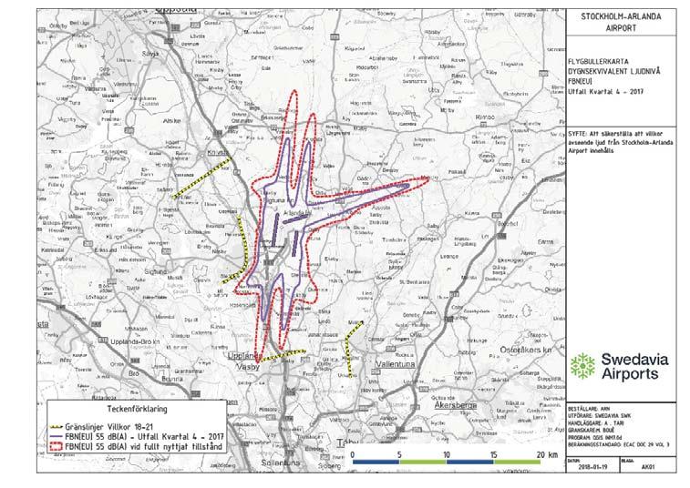 25 av 27 Villkor 1821 I Figur 6 redovisas konturer för dygnsvägd ekvivalentnivå (motsvarande FBN) 55 db(a) för perioden oktober december 2017 beräknade med INM 7.0d.