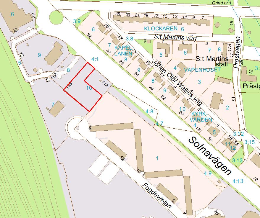 2 (7) Planområde Planområdet avgränsat i rött Planområdet angränsar till Solnavägen i nordost, en bensinmack i nordväst, en snabbmatsrestaurang med parkering i väst-sydväst samt kvartersmark i