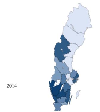 Registrerade traumafall per 100 000 invånare, patienter över tid år2012-2016 2013 2014 2015 2016 Akademiska Uppsala 161 135 284 91 Arvika 4 5 2 1 Blekingesjukhus et 3 15 14 10